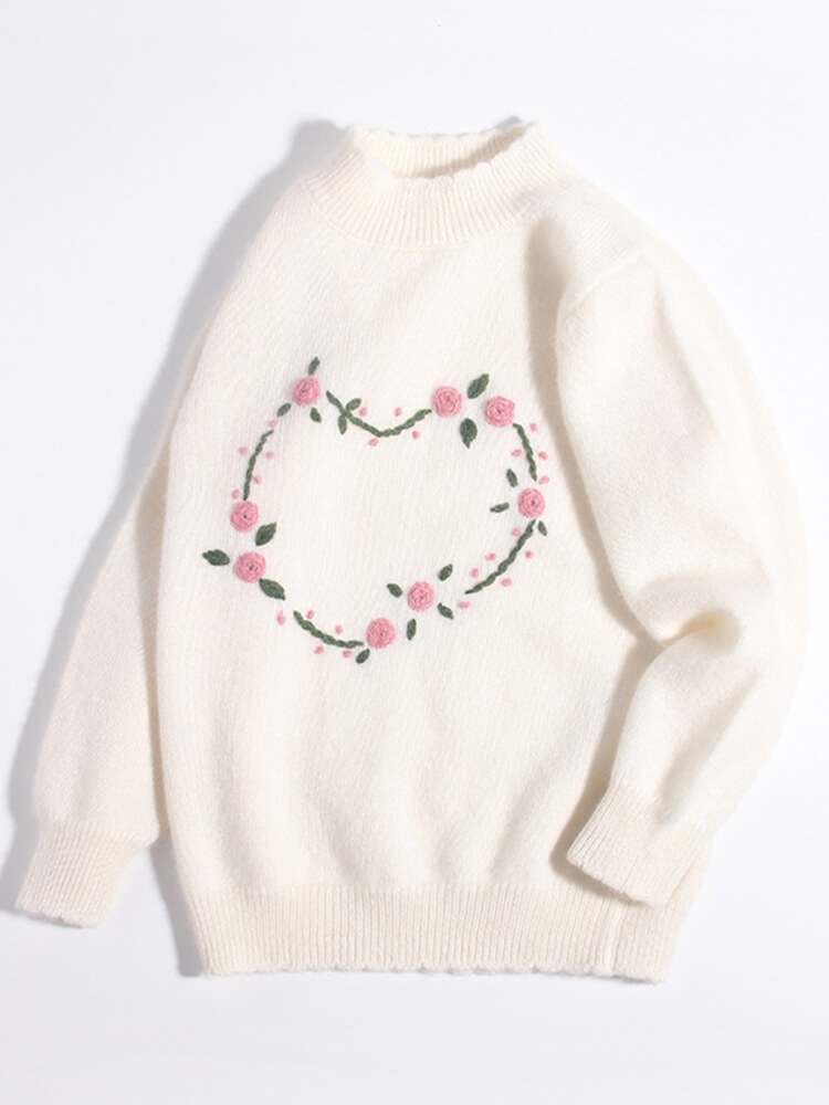 (image for) Girls Floral Heart Embroidered Ivory Cashmere Sweater